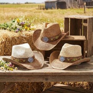 Boho 2-Tone Studded Floral Concho Band Western Straw Cowboy Hat